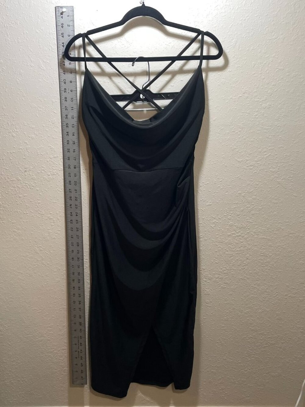 E.L.H. Studio Dress Black Bodycon Asymmetrical Hem Flattering Stretch - Large